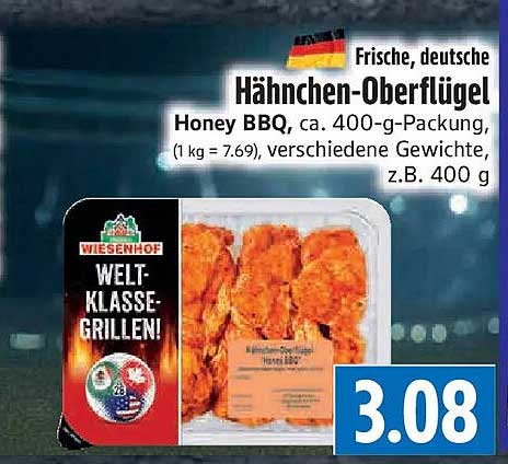 Frische, deutsche Hähnchen-Oberflügel Honey BBQ, ca. 400-g-Packung, (1 kg = 7.69), verschiedene Gewichte, z.B. 400 g