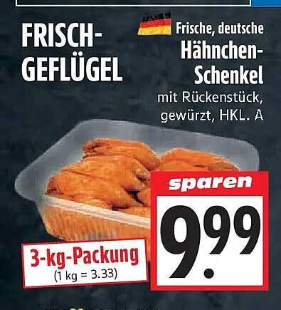 Frische, deutsche Hähnchen-Schenkel mit Rückstück, gewürzt, HKL. A