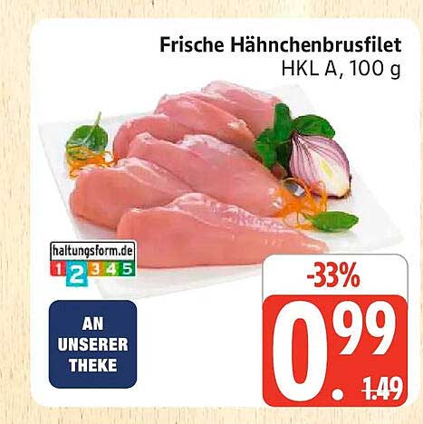 Frische Hähnchenbrustfilet HKL A, 100 g