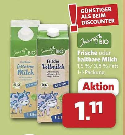 Frische oder haltbare Milch 1,5 % / 3,8 % Fett 1-L-Packung