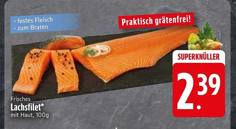 Frisches Lachsfilet* mit Haut, 100g