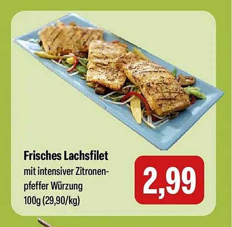 Frisches Lachsfilet mit intensiver Zitronen-pfeffer Würzung 100g (29,90/kg)