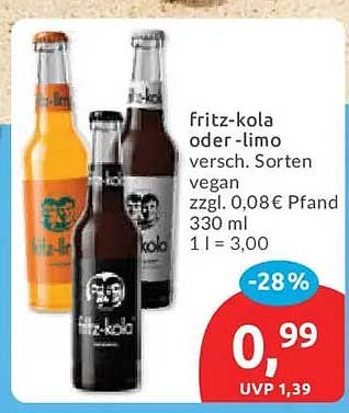 fritz-kola oder -limo versch. Sorten vegan zzgl. 0,08€ Pfand 330 ml 1 l = 3,00
