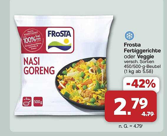 Frosta Fertiggerichte oder Veggie versch. Sorten 450/500-g-Beutel (1 kg ab 5.58)