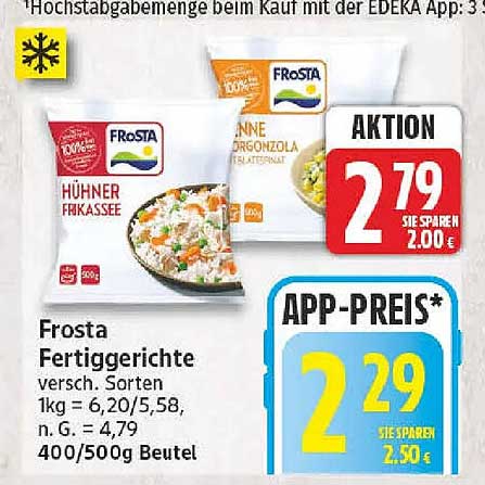 Frosta Fertiggerichte versch. Sorten 1kg = 6,20/5,58, n. G. = 4,79, 400/500g Beutel
