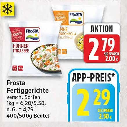 Frosta Fertiggerichte versch. Sorten 1kg = 6,20/5,58, n. G. = 4,79 400/500g Beutel