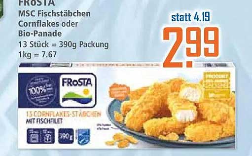 FROSTA MSC Fischstäbchen Cornflakes oder Bio-Panade 13 Stück 390g Packung 1kg = 7.67