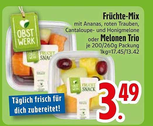 Früchte-Mix mit Ananas, roten Trauben, Cantaloupe- und Honigmelone oder Melonen Trio
