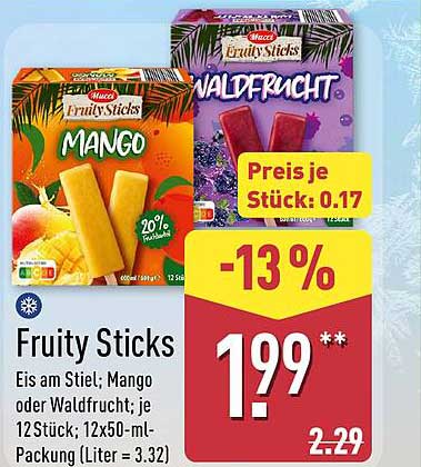 Fruity Sticks Eis am Stiel; Mango oder Waldfrucht; je 12 Stück; 12x50-ml-Packung (Liter = 3,32)