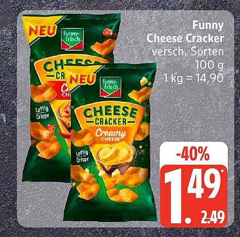 Funny Cheese Cracker versch. Sorten 100 g 1 kg = 14,90