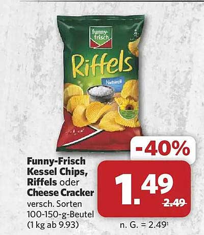 Funny-Frisch Kessel Chips, Riffels oder Cheese Cracker versch. Sorten 100-150-g-Beutel (1 kg ab 9.93)