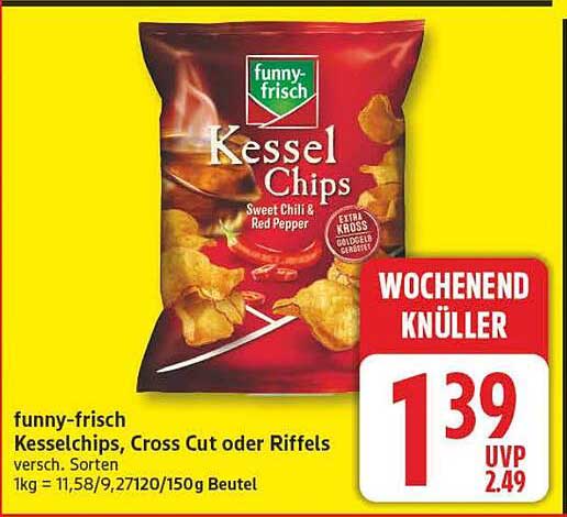 funny-frisch Kesselchips, Cross Cut oder Riffels versch. Sorten 1kg = 11,58/9,27/12,10/150g Beutel
