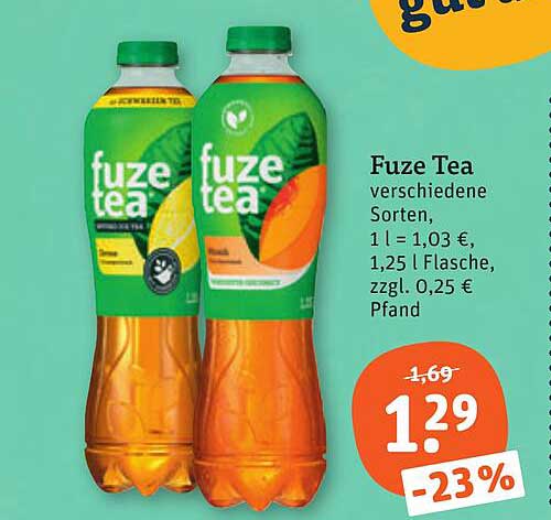 Fuze Tea verschiedene Sorten, 1 l = 1,03 €, 1,25 l Flasche, zzgl. 0,25 € Pfand