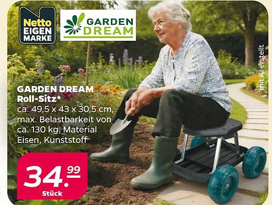 GARDEN DREAM Roll-Sitz* ca. 49,5 x 43 x 30,5 cm, max. Belastbarkeit von ca. 130 kg, Material Eisen, Kunststoff