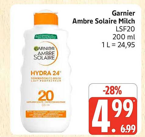 Garnier Ambre Solaire Milch LSF20 200 ml 1 L = 24,95