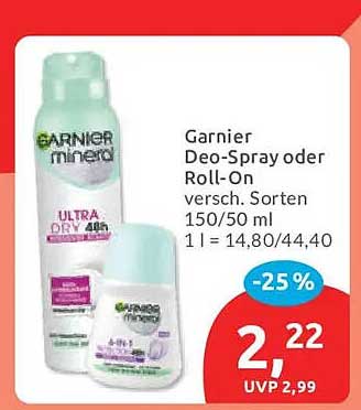 Garnier Deo-Spray oder Roll-On versch. Sorten 150/50 ml 1 l = 14,80/44,40