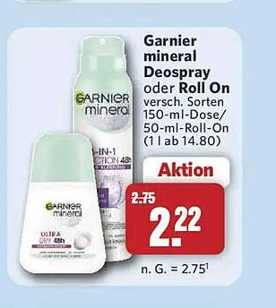 Garnier mineral Deospray oder Roll On versch. Sorten 150-ml-Dose/50-ml-Roll-On (1 l ab 14.80)