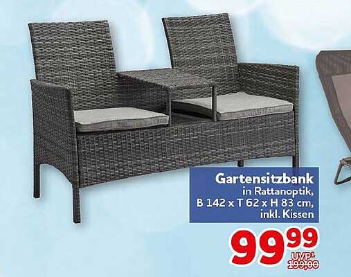 Gartensitzbank in Rattanoptik, B 142 x T 62 x H 83 cm, inkl. Kissen