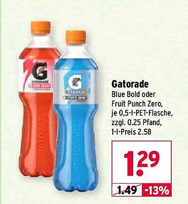 Gatorade Blue Bold oder Fruit Punch Zero, je 0,5-l-PET-Flasche, zzgl. 0.25 Pfand, 1-l-Preis 2.58