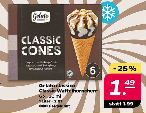 Gelato classico Classic Waffelhörnchen* 6 x 120 ml 1 Liter = 2.07 *** tiefgekühlt