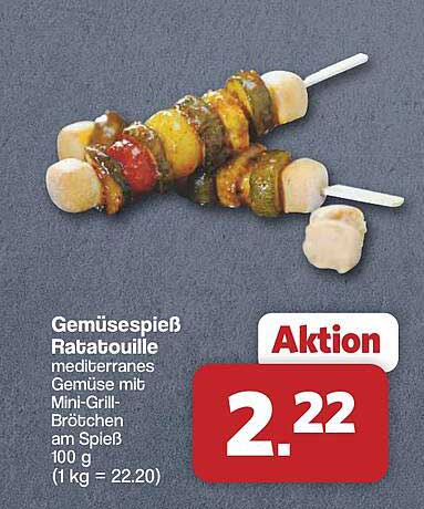 Gemüsespieß Ratatouille mediterranes Gemüse mit Mini-Grill-Brötchen am Spieß 100 g (1 kg = 22.20)