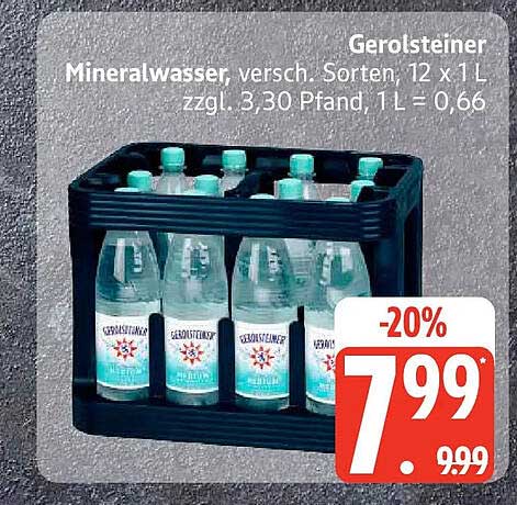 Gerolsteiner Mineralwasser, versch. Sorten, 12 x 1 L zzgl. 3,30 Pfand, 1 L = 0,66