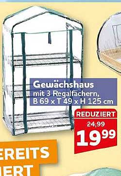Gewächshaus mit 3 Regalfächern, B 69 x T 49 x H 125 cm