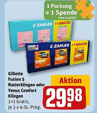 Gillette Fusion 5 Rasierklingen oder Venus Comfort Klingen 2+1 Gratis, je 3 x 4-St.-Pckg.