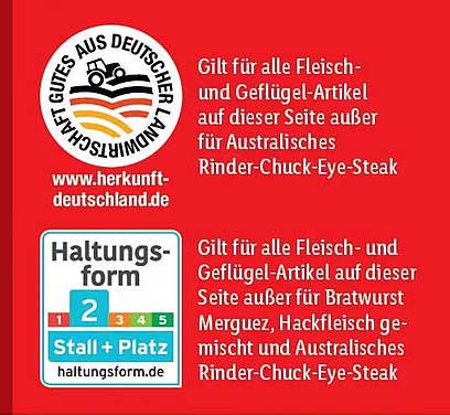 Gilt für alle Fleisch- und Geflügel-Artikel auf dieser Seite außer für Australisches Rinder-Chuck-Eye-Steak