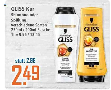GLISS Kur Shampoo oder Spülung verschiedene Sorten 250ml / 200ml Flasche 1l = 9.96 / 12.45