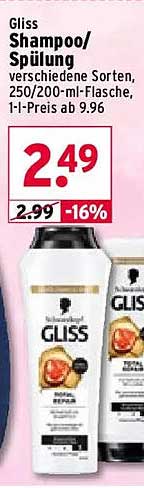 Gliss Shampoo/Spülung verschiedene Sorten, 250/200-ml-Flasche, 1 l-Preis ab 9.96