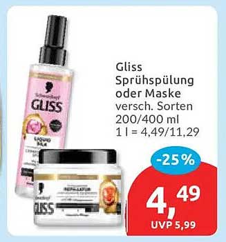 Gliss Sprühspülung oder Maske versch. Sorten 200/400 ml 1 l = 4,49/11,29