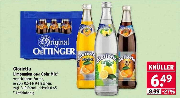Glorietta Limonaden oder Cola-Mix¹) verschiedene Sorten, je 20 x 0,5 l-MW-Flaschen, zzgl. 3,10 Pfand, 1 l-Preis 0.65