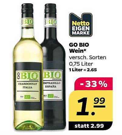 GO BIO Wein* versch. Sorten 0,75 Liter 1 Liter = 2.65