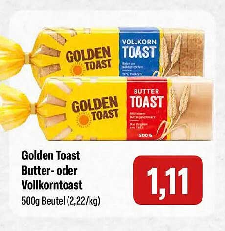 Golden Toast Butter- oder Vollkorntoast 500g Beutel (2,22/kg)