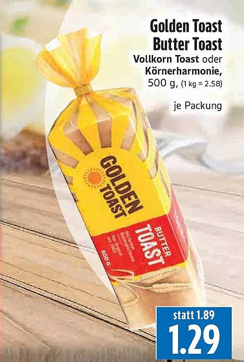 Golden Toast Butter Toast Vollkorn Toast oder Körnerharmonie, 500 g, (1 kg = 2.58) je Packung