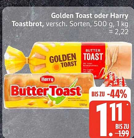 Golden Toast oder Harry Toastbrot, versch. Sorten, 500 g, 1 kg = 2,22