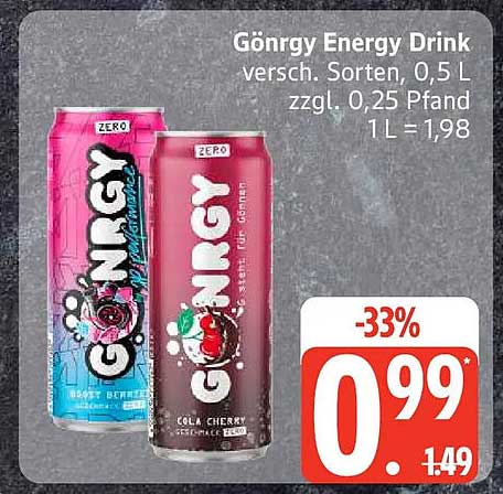 Gönrgy Energy Drink versch. Sorten, 0,5 L zzgl. 0,25 Pfand 1 L = 1,98