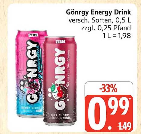 Gönrgy Energy Drink versch. Sorten, 0,5 L zzgl. 0,25 Pfand 1L = 1,98