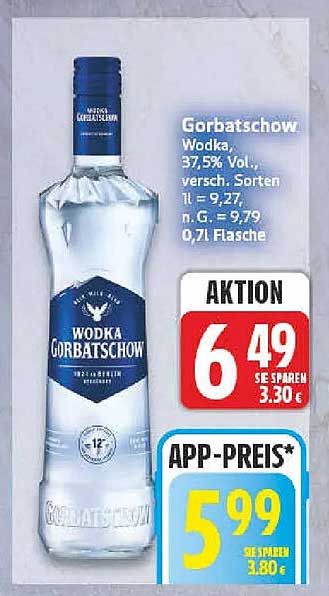 Gorbatschow Wodka, 37,5% Vol., versch. Sorten, 1 l = 9,27, n.G. = 9,79, 0,7l Flasche