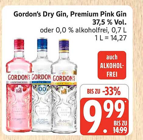 Gordon’s Dry Gin, Premium Pink Gin 37,5 % Vol. oder 0,0 % alkoholfrei, 0,7 L