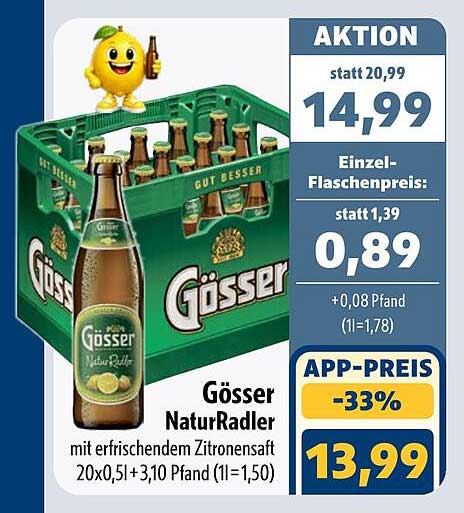 Gösser NaturRadler mit erfrischendem Zitronensaft 20x0,5l +3,10 Pfand (1l=1,50)
