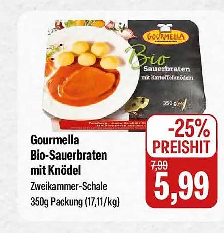 Gourmella Bio-Sauerbraten mit Knödel Zweikammer-Schale 350g Packung (17,11/kg)