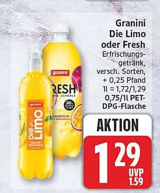 Granini Die Limo oder Fresh Erfrischungsgetränk, versc. Sorten, + 0,25 Pfand 1l =1,72/1,29 0,75/1l PET-DPG-Flasche