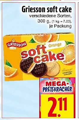 Griesson soft cake verschiedene Sorten, 300 g, (1 kg = 7.03), je Packung