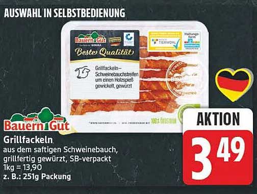 Grillfackeln aus dem saftigen Schweinebauch, grillfertig gewürzt, SB-verpackt 1kg = 13,90 z. B.: 251g Packung