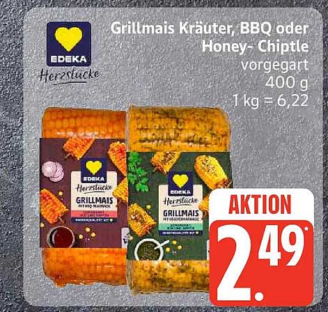 Grillmais Kräuter, BBQ oder Honey- Chiptle vorgegart 400 g 1 kg = 6,22