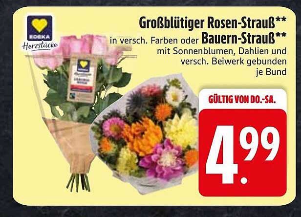 Großblütiger Rosen-Strauß** in versch. Farben oder Bauern-Strauß** mit Sonnenblumen, Dahlien und versch. Beiwerk gebunden je Bund