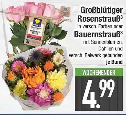 Großblütiger Rosenstrauß³ in versch. Farben oder Bauernstrauß³ mit Sonnenblumen, Dahlien und versch. Beiwerk gebunden je Bund