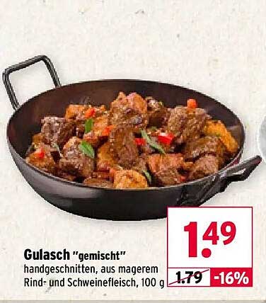 Gulasch "gemischt" handgeschnitten, aus magerem Rind- und Schweinefleisch, 100 g